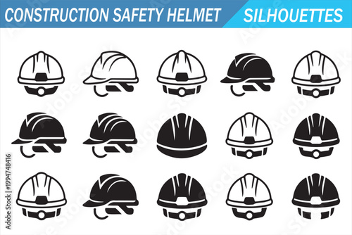 Black safety hard hat symbols collection for industrial site and contractor design use