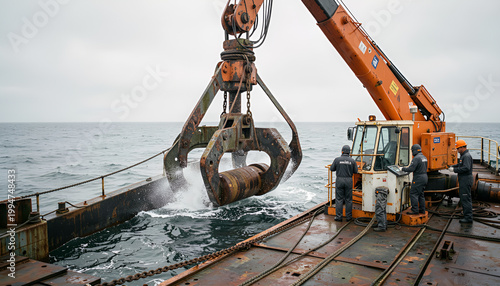 A rusty hook extending from the side of a boat, with water splashing around it. Marine salvage barge offshore industrial operation.