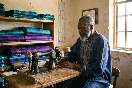 A man working on an antique sewing machine in a textile shop. Senegalese master tailor atelier interior wide.