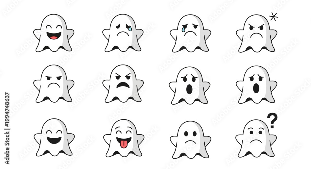 Fototapeta premium Set of cartoon ghost emojis showcasing a variety of emotions like happiness, sadness, anger, surprise, and confusion with question marks
