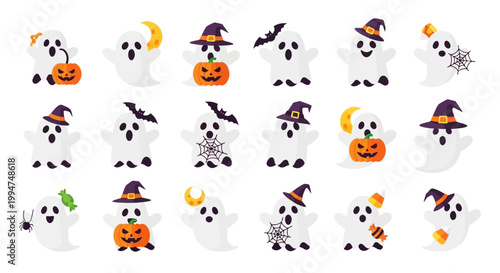 Collection of cute cartoon ghosts with Halloween elements like pumpkins, hats, and spiders, perfect for festive designs