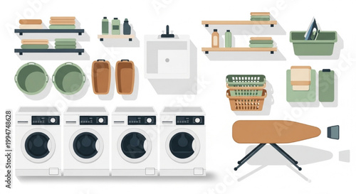 Top View Laundry Room Vector Set with Washing Machines Dryers Baskets Ironing Boards Sinks and Shelves for Utility Floor Plans