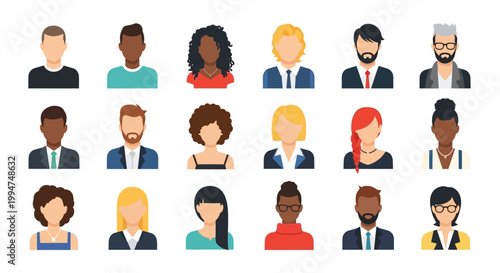Collection of Diverse Business People Avatars in Professional Attire Representing a Variety of Human Characteristics and Demographics