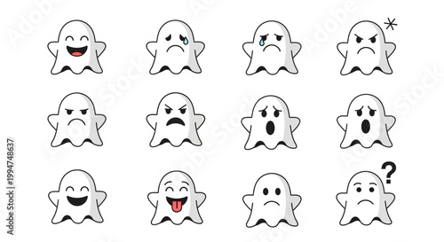Set of cartoon ghost emojis showcasing a variety of emotions like happiness, sadness, anger, surprise, and confusion with question marks