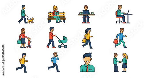 Collection of simple flat vector icons depicting people engaged in various everyday activities and professions