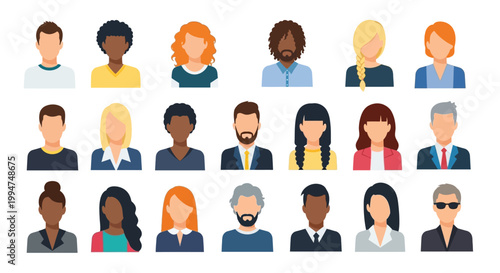 A diverse collection of flat avatar icons representing people of various ethnicities, genders, and ages, perfect for user profiles and online communication