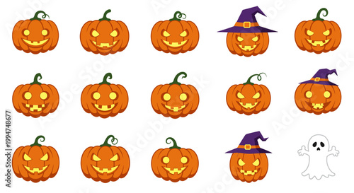 Collection of Spooky and Fun Halloween Pumpkins and a Friendly Ghost Illustration