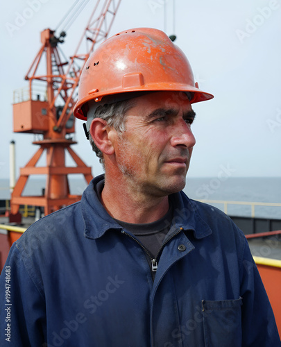 A close-up portrait of a construction worker wearing an orange hard hat. Male salvage crane operator portrait.