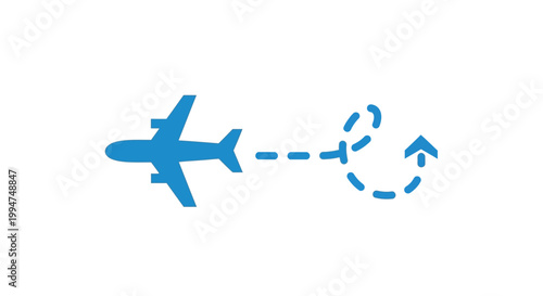 Abstract blue airplane icon with a dashed flight path illustrating air travel, journey planning, or a destination route on a white background, symbolizing freedom and exploration