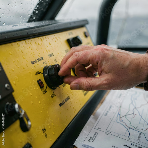 A close-up of a person's hand pressing a knob on an amplifier with water droplets on it. Hands on sonar control console macro.