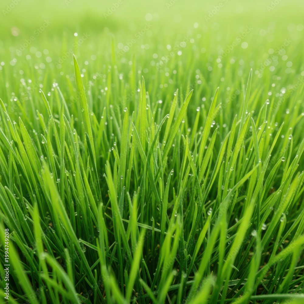 Fototapeta premium Fresh green grass blades covered in morning dew droplets under bright sunlight