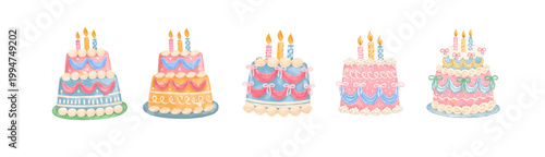 Set of Whimsical Cute Happy Birthday Cake, Celebration, Party, Anniversary, Born, Fun, Confetti and Event SVG Vector