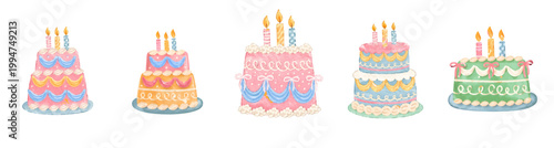 Set of Whimsical Cute Happy Birthday Cake, Celebration, Party, Anniversary, Born, Fun, Confetti and Event SVG Vector