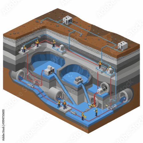 Cross section of underground water treatment plant infrastructure.