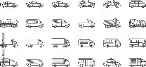 Collection of Vehicle Icons, Cars, Trucks, Vans, and Delivery Vehicles in Black and White, Transportation and Logistics Illustrations