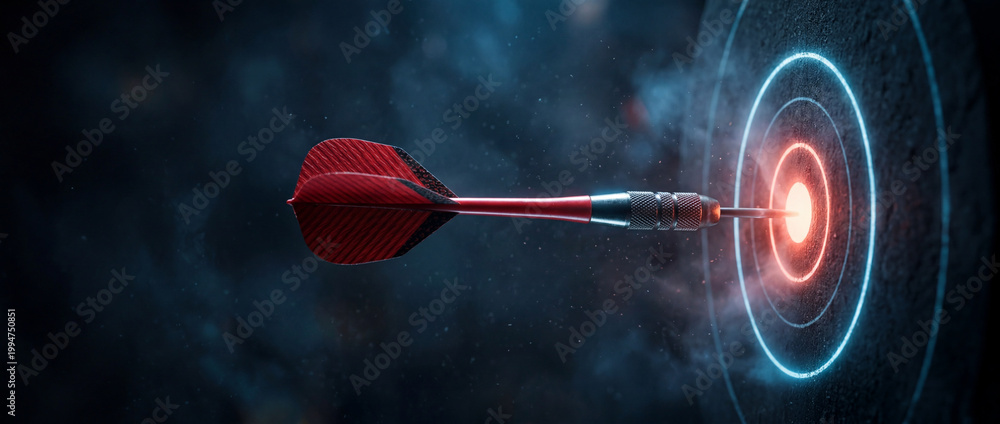 Fototapeta premium A dart hits the center of a glowing target with blue circles in a dark background