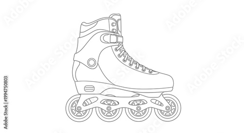 A detailed black and white line drawing depicts a single inline roller skate showcasing its design high quality