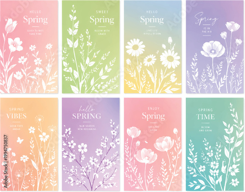 Spring flowers poster set. Botanical pastel gradient background and white floral design for spring and summer sale ads, invitation backgrounds, cards, branding, packaging and wall decoration