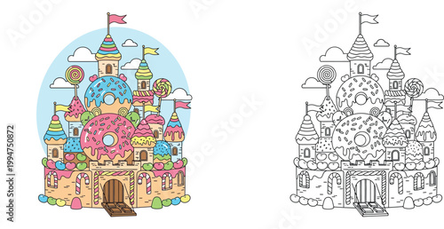 Fantasy candy and donut castle illustration with colored and outline versions for kids coloring book, magical sweet land fairy tale architecture vector design isolated on white background.