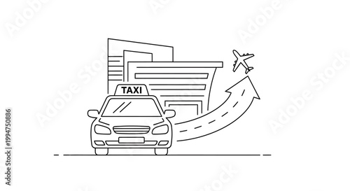 Line art illustration of a taxi in front of an airport terminal with an airplane taking off, representing airport transfer.