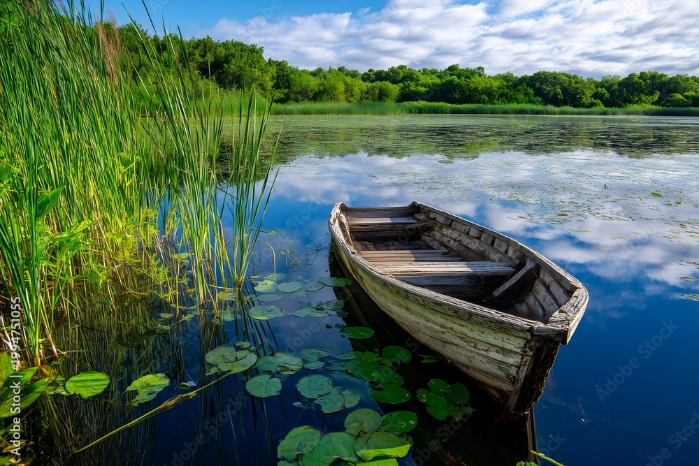 Obraz premium Rustic Rowboat on Serene Forest Lake. 