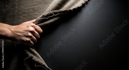 Hand Pulling Back Rough Fabric Revealing Dark Background.