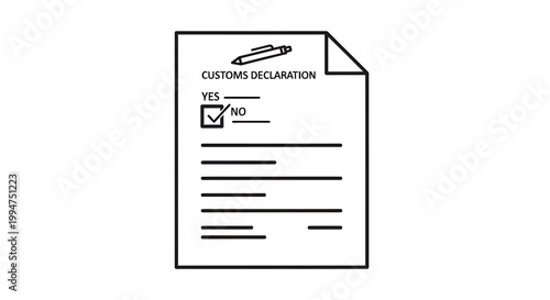 Line art illustration of a customs declaration form with a checkbox marked 'NO' and a pen icon at the top, representing international shipping and regulations.