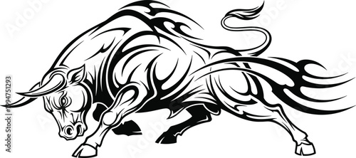 Tribal Bull Illustration with Fierce Stance and Flame Details, Powerful Animal Symbol for Strength and Courage Designs