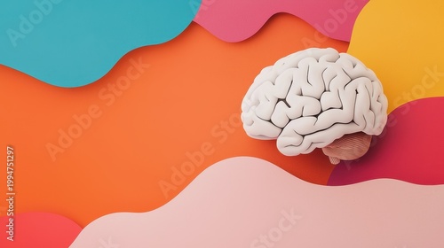 wellness nutrition mental concept. Human brain model on colorful abstract background with layered paper effect