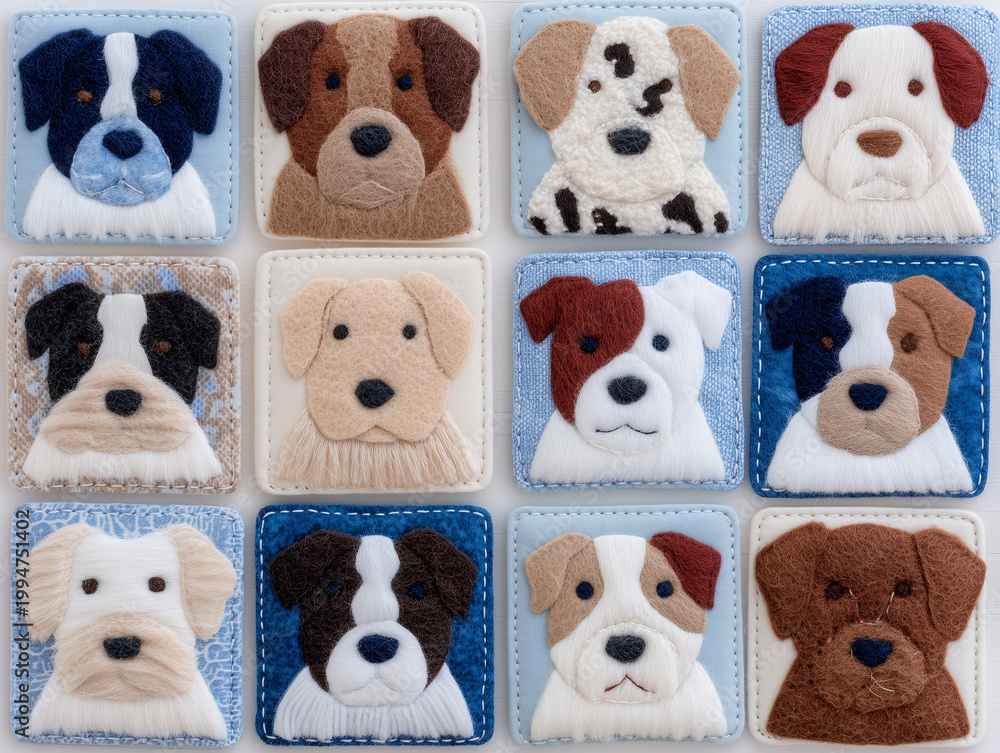 Fototapeta premium Embroidery of dogs, icons for invitation, anniversary card, birthday party banner, poster and scrapbook design