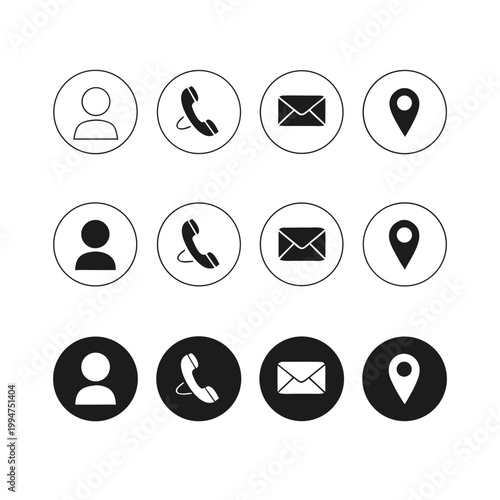 Set of icons representing contact information and location on different backgrounds