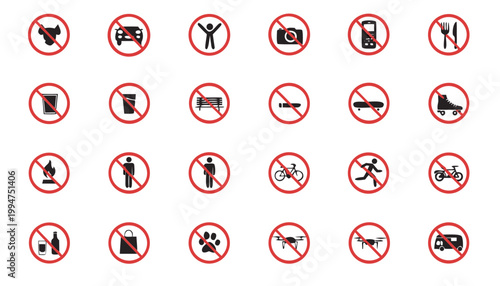 Set of prohibition signs with various restrictions and rules