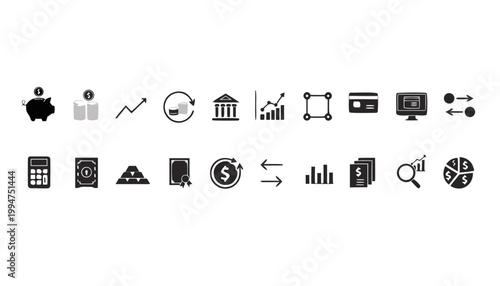 Collection of financial and business icons on white background