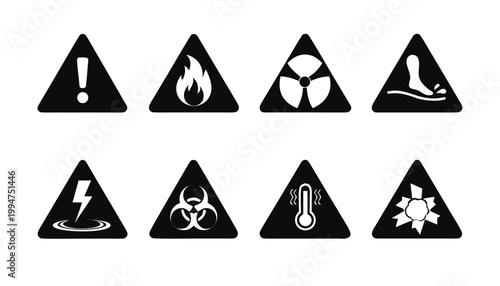 Set of warning and hazard symbols in triangular shapes