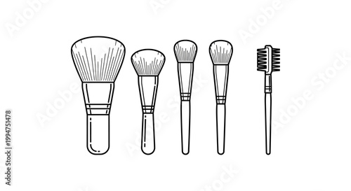 A black and white line art illustration of a set of five different makeup brushes, including powder, blush, and eyebrow brushes.