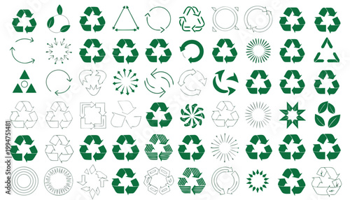 Collection of various recycling and ecofriendly symbols and icons