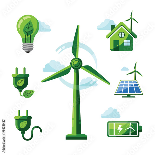 Green energy icons show renewable power sources and eco-friendly living