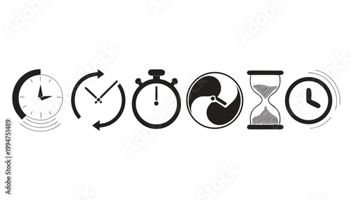 Various time measurement devices and symbols in black and white