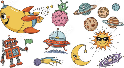 The overall style is playful, cute, and very colorful, with bold outlines and a hand-drawn aesthetic. It evokes a sense of wonder and adventure related to space exploration and fantasy.