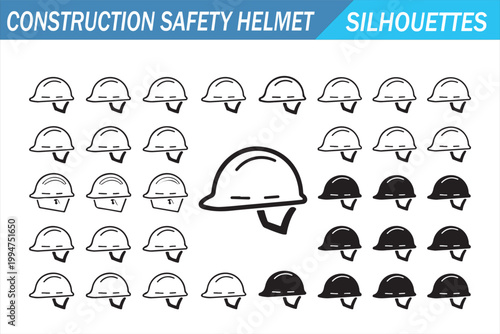 Construction hard hat icon sheet featuring worker safety helmet silhouette variations