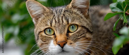 Curious Gaze of a Tabby Cat: A captivating close-up of a tabby cat with mesmerizing green eyes and unique patterns peeking through vibrant green leaves, showcasing its natural beauty.