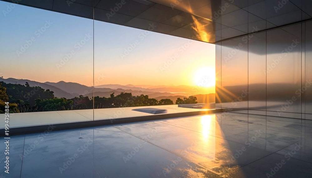 Naklejka premium Serene Sunset View from Modern Minimalist Interior Space.