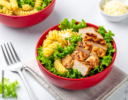 A bowl of rotini pasta and salad with grilled chicken pieces and mozzarella cheese. Ai
