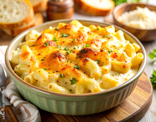 A bowl of macaroni and cheese placed on a wooden surface garnished with parsley. Ai
