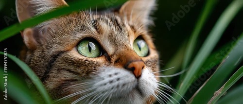 Curious Cat's Gaze: A captivating close-up of a domestic cat with striking green eyes, peeking out from a lush green field, exuding curiosity and alertness.