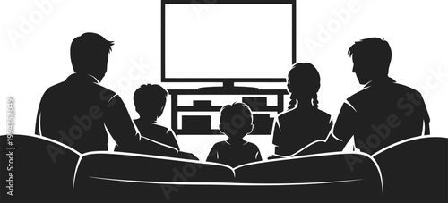 Family watching television while sitting together on a soft couch in a cozy home environment scene
