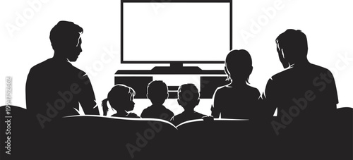 Happy family with children sitting together on sofa watching television in living room during evening time