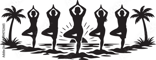 Clean black silhouette of beach yoga group in tree pose at dawn