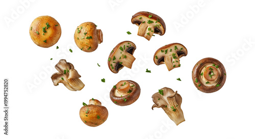 Levitating Sautéed Brown Mushrooms and Slices with Fresh Green Herbs Isolated on White Background