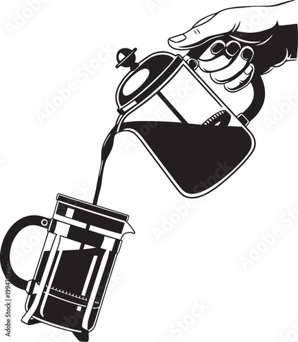 Hand pouring coffee from one french press to another in detailed black and white sketch style for cafe menu and barista concept.